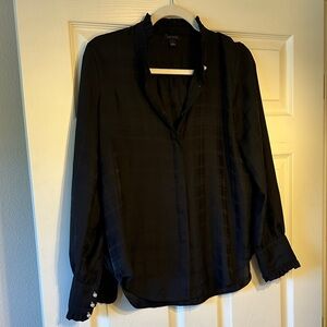 Ann Taylor Black Long Sleeve Ruffle Collar/sleeve Blouse